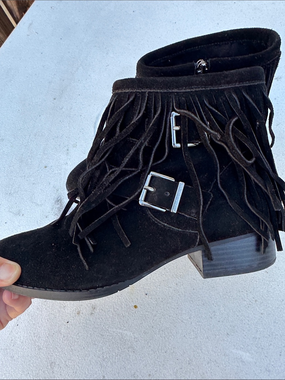BCBGeneration Black Fringe Suede Ankle Booties with Side Zip